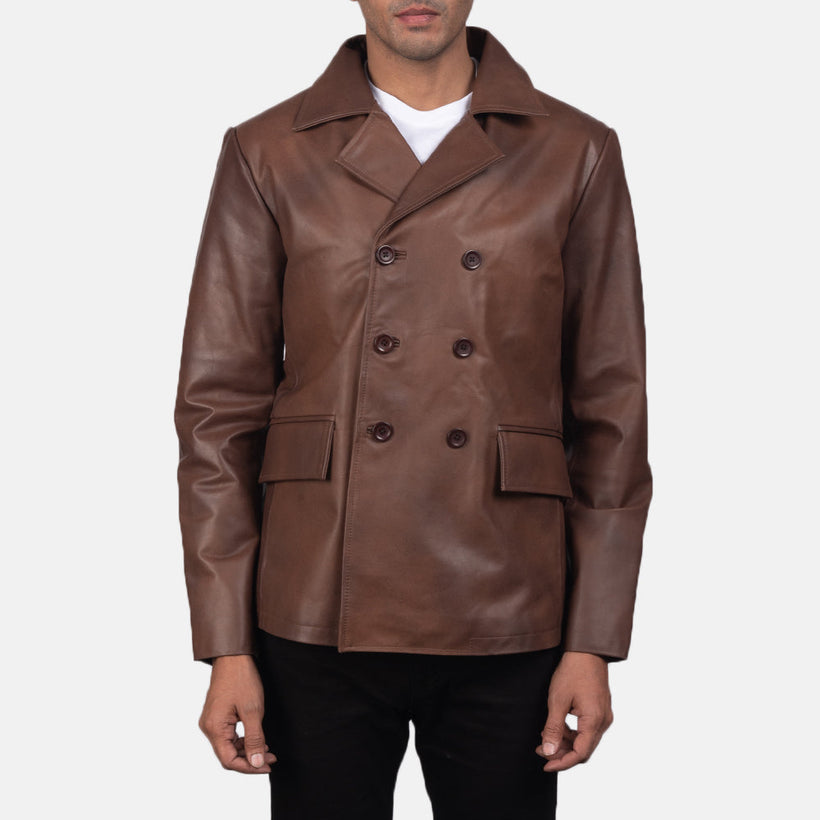 Mr. Bailey Marron Leather Naval Peacoat pour Homme