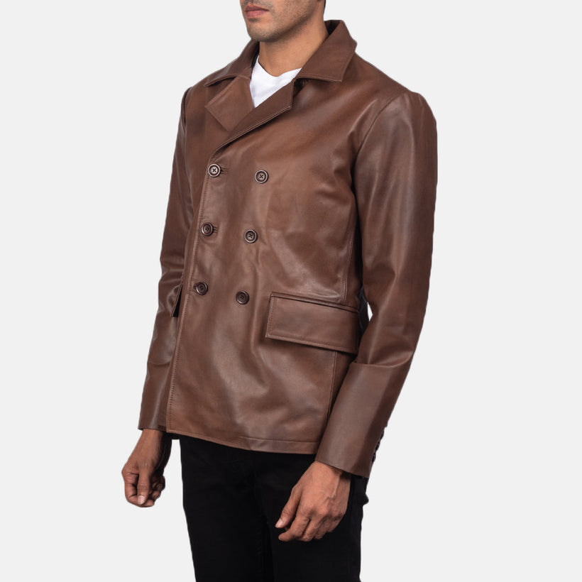 Mr. Bailey Marron Leather Naval Peacoat pour Homme