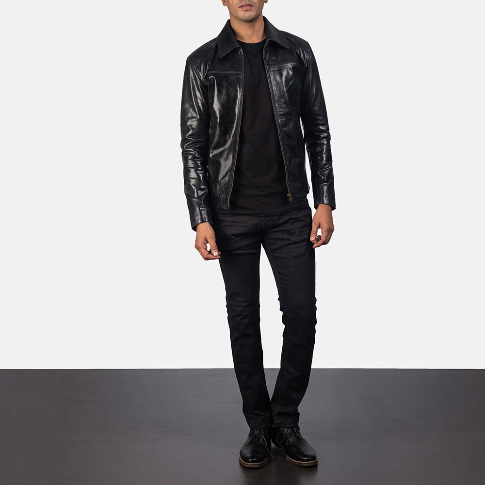 Vue détaillée of Shirt &amp; Zipper Hardware on Men's Mystical Black Leather Jacket