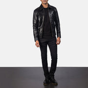 Vue détaillée of Shirt &amp; Zipper Hardware on Men's Mystical Black Leather Jacket