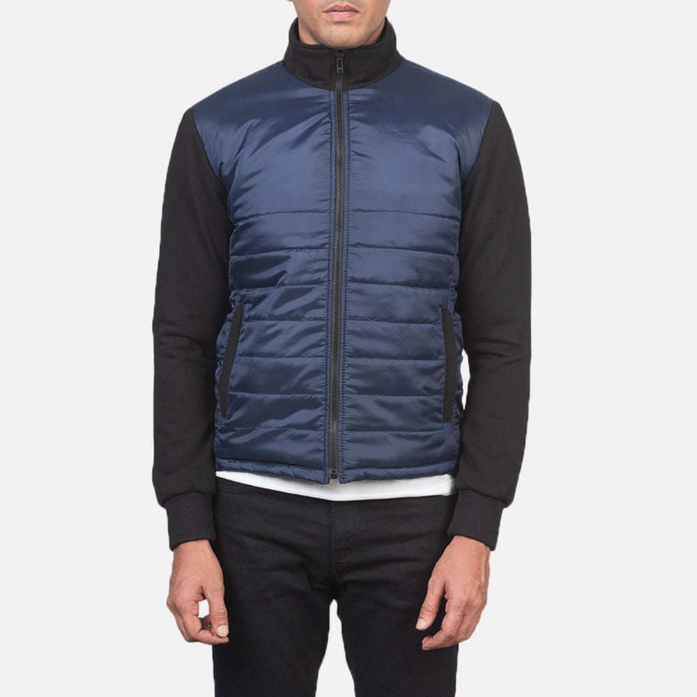 
Vue détaillée of High Neck & Zipper with wind flap Hardware on Nashville Matelassé Bleu Windbreaker Veste en Cuir pour Homme