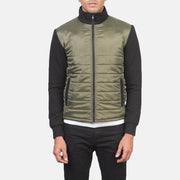
Vue détaillée of High Neck & Zipper with wind flap Hardware on Nashville Matelassé Vert Windbreaker Veste en Cuir pour Homme