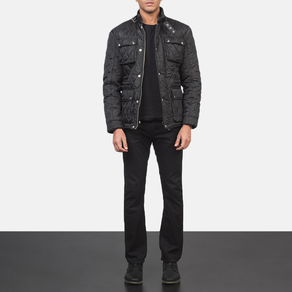 Men's Nelson Matelassé Noir Windbreaker Veste en Cuir pour Homme - Vue de profil avec coupe de manche ergonomique