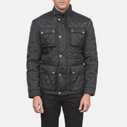 Vue détaillée of Belted Band &amp; Zipper with Front Button Flap Hardware on Men's Nelson Matelassé Noir Windbreaker Veste en Cuir pour Homme