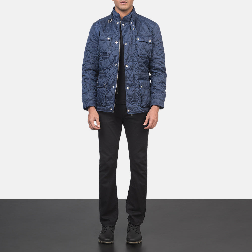 Vue détaillée of Belted Band &amp; Zipper with Front Button Flap Hardware on Men's Nelson Matelassé Bleu Windbreaker Veste en Cuir pour Homme