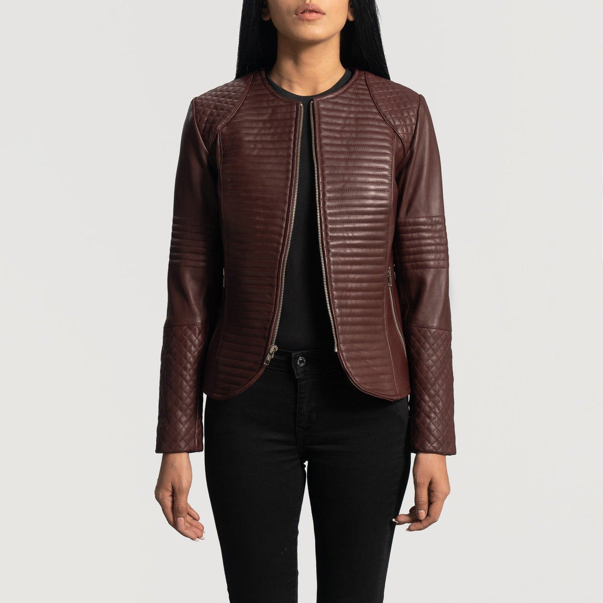 Women's Nexi Quilted Maroon Leather Jacket - Vue de profil avec coupe de manche ergonomique