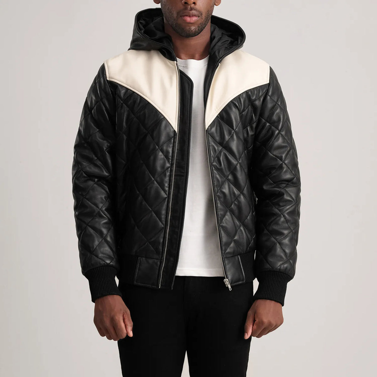 Norman Tan Hooded Bomber Leather Puffer Jacket in Tan Brown Sheepskin Leather - Vue de face &amp; silhouette ajustée | Acheter en ligne