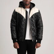 Norman Tan Hooded Bomber Leather Puffer Jacket in Tan Brown Sheepskin Leather - Vue de face &amp; silhouette ajustée | Acheter en ligne