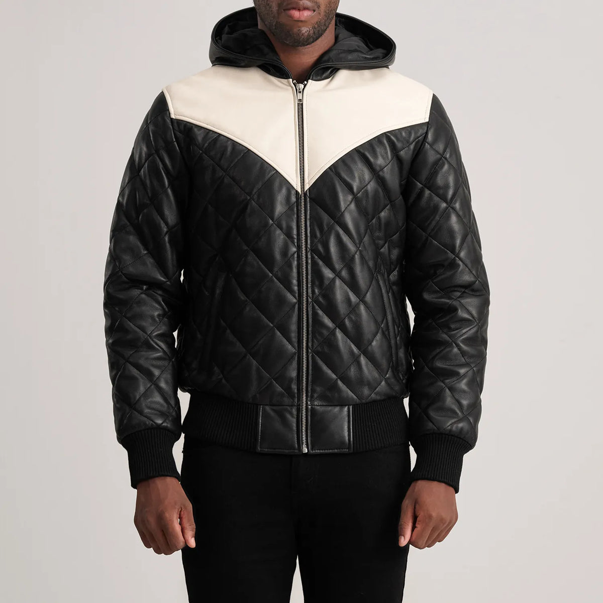 Vue détaillée of Hooded &amp; Zipper Hardware on Norman Tan Hooded Bomber Leather Puffer Jacket
