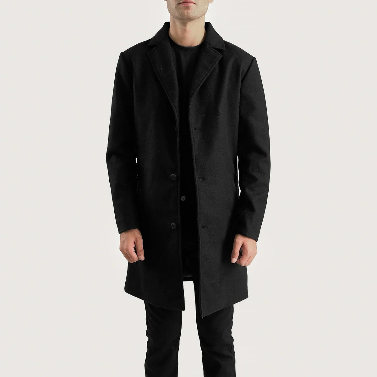 Petrillo Noir Wool Single Breasted Manteau en Cuir pour Homme in Black Synthetic Wool - Vue de face &amp; silhouette ajustée | Acheter en ligne