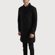 Black Synthetic Wool Trench Coat - Vue de dos avec coupe ajustée aux épaules &amp; ourlet soigné