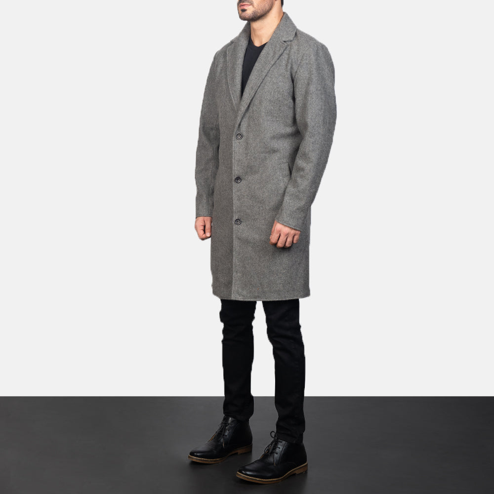 
Grey Synthetic Wool Trench Coat - Vue arrière montrant la carrure ajustée et l'ourlet net