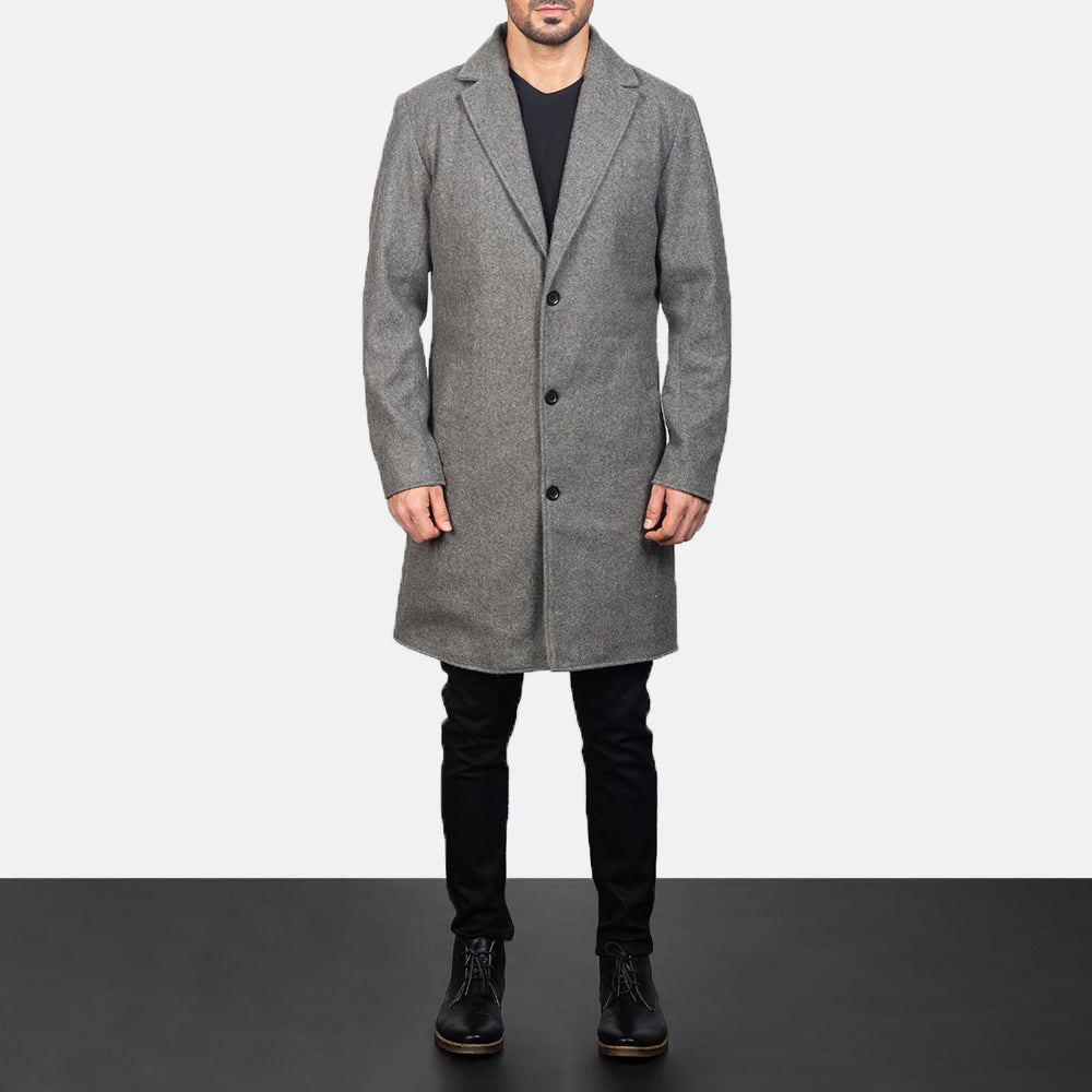 
Petrillo Gris Wool Single Breasted Manteau en Cuir pour Homme - Vue de profil mettant en valeur la coupe de manche ergonomique