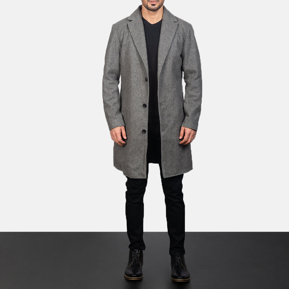 
Vue détaillée of Notch & Button Hardware on Petrillo Gris Wool Single Breasted Manteau en Cuir pour Homme