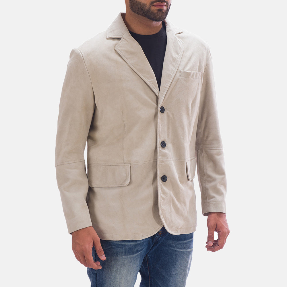 Off White (Greyish) Goatskin Suede Leather Blazer - Vue de dos avec coupe ajustée aux épaules &amp; ourlet soigné