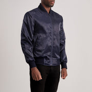 Blue Satin Bomber Jacket - Vue de dos avec coupe ajustée aux épaules &amp; ourlet soigné