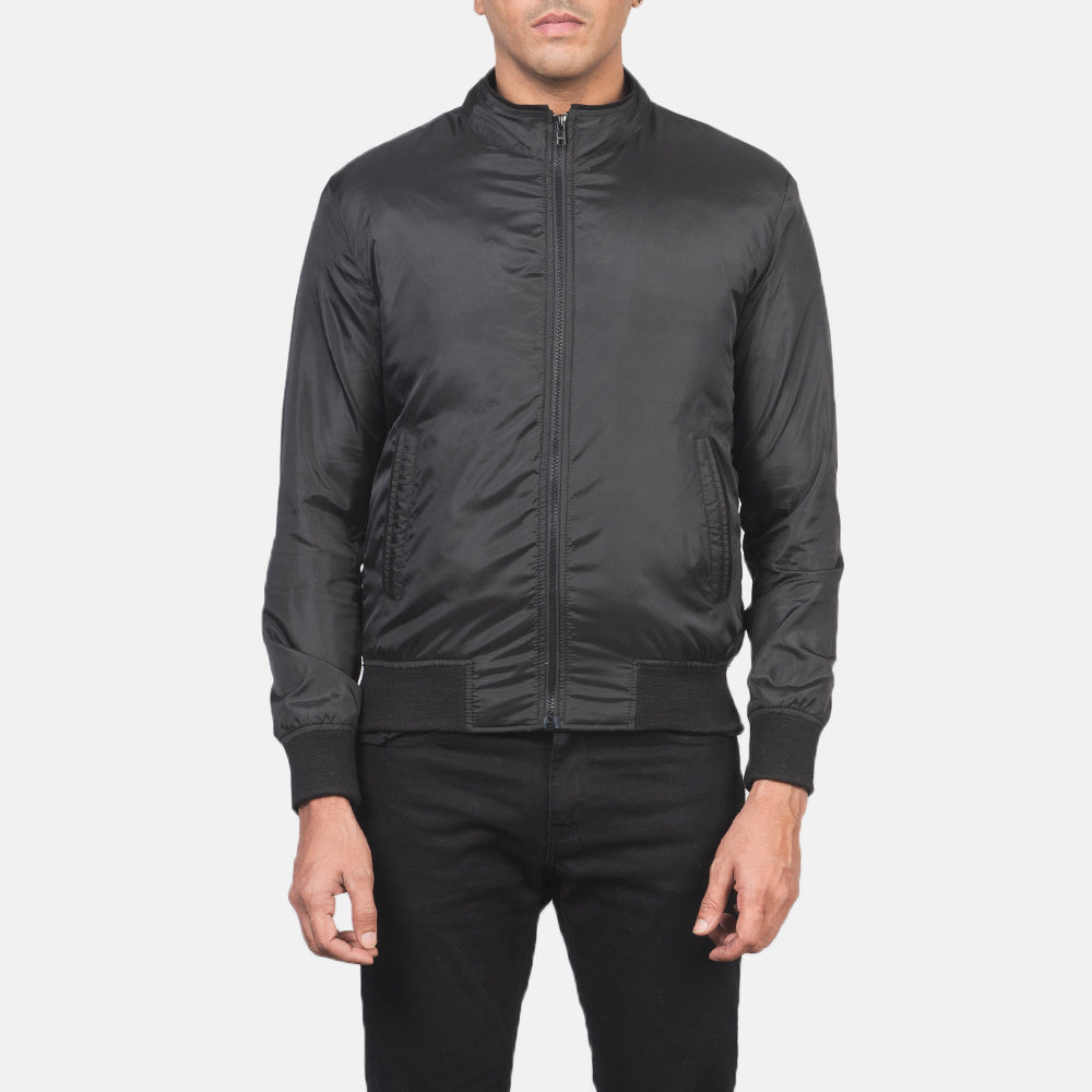 Vue détaillée of Band &amp; Zipper with wind flap Hardware on Men's Ramon Noir Blouson Bomber en Cuir pour Homme