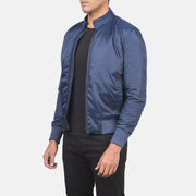 Blue Nylon Bomber Jacket - Vue de dos avec coupe ajustée aux épaules &amp; ourlet soigné