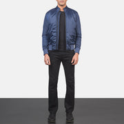 Men's Ramon Bleu Blouson Bomber en Cuir pour Homme - Vue de profil avec coupe de manche ergonomique
