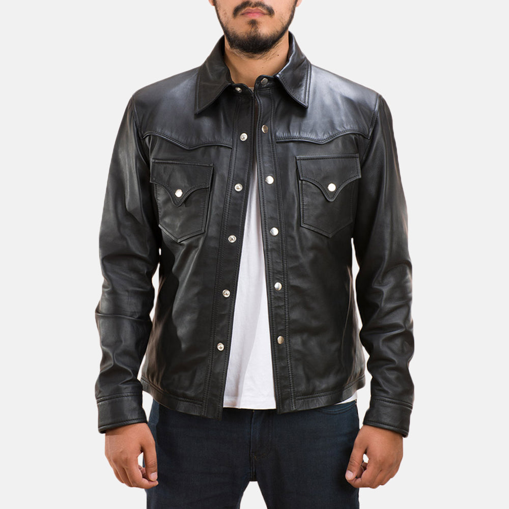 Men's Ranchson Noir Leather Shirt pour Homme in Black Sheepskin Leather - Vue de face &amp; silhouette ajustée | Acheter en ligne