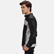 Black &amp; silver Sheepskin Leather Biker Jacket - Vue de dos avec coupe ajustée aux épaules &amp; ourlet soigné