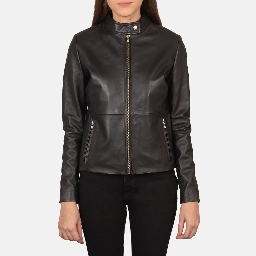 Women's Rave Brown Leather Biker Jacket in Brown Sheepskin Leather - Vue de face &amp; silhouette ajustée | Acheter en ligne