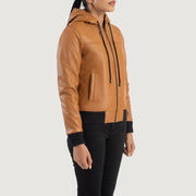 
Perspective portée de Rebella Green Hooded Suede Bomber Jacket sur modèle - Tombé naturel à la lumière du jour