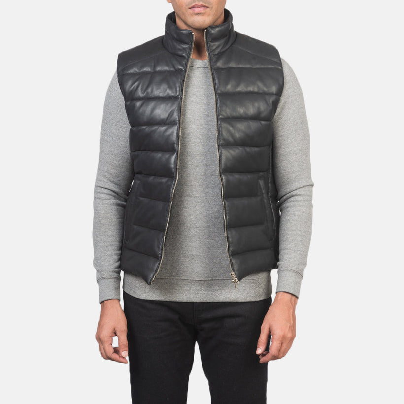 Reeves Noir Leather Puffer Vest pour Homme