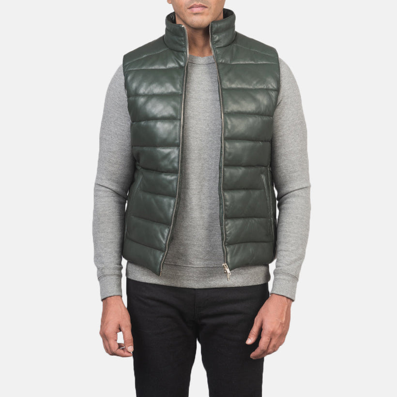 Reeves Vert Leather Puffer Vest pour Homme