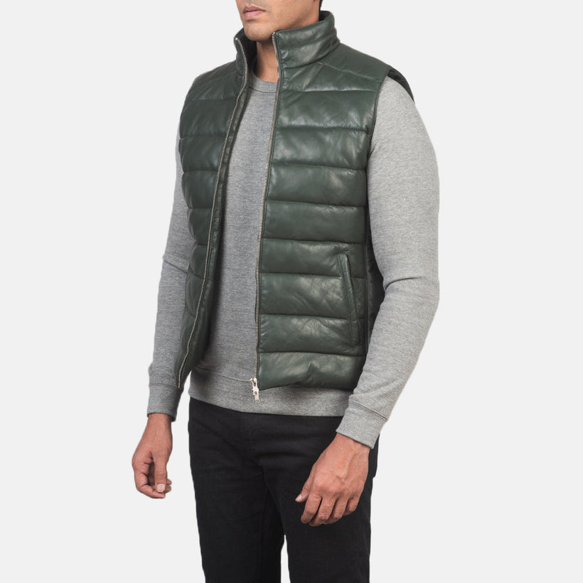 Reeves Vert Leather Puffer Vest pour Homme