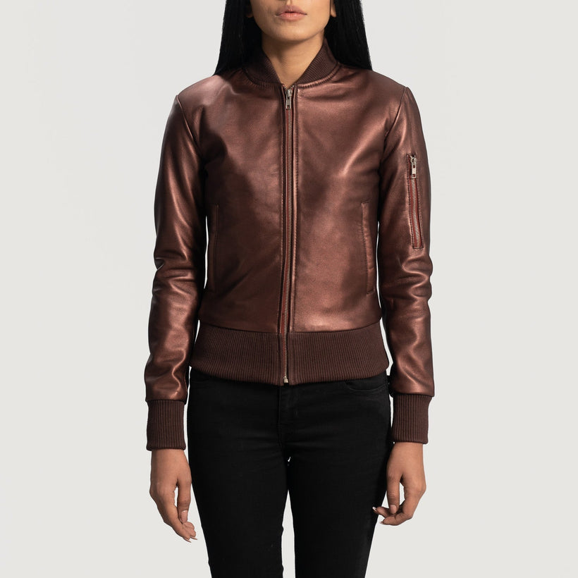 Reida Bordeaux Blouson Bomber en Cuir pour Femme