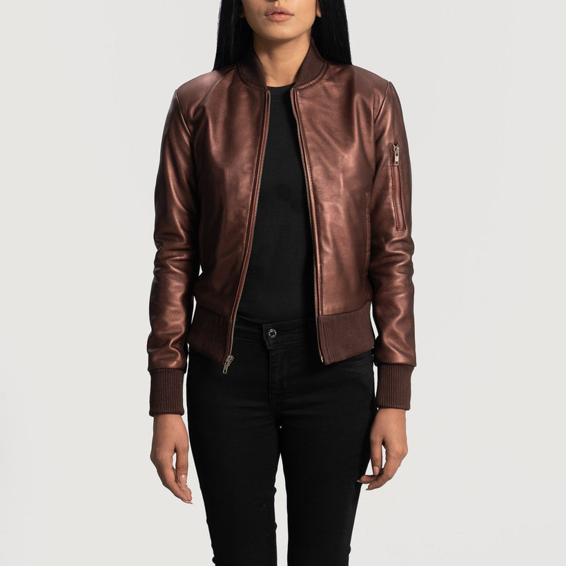 Reida Bordeaux Blouson Bomber en Cuir pour Femme