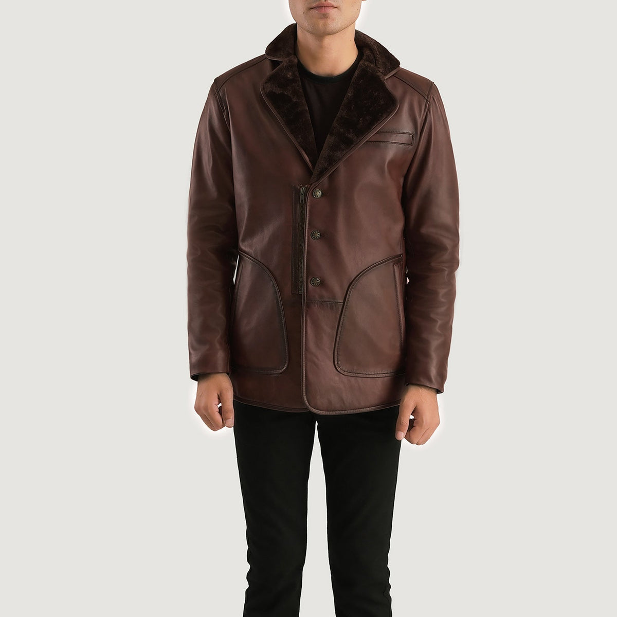 Men's Rocky Marron Fur Manteau en Cuir pour Homme in Distressed Brown Sheepskin Burnishing - Vue de face &amp; silhouette ajustée | Acheter en ligne