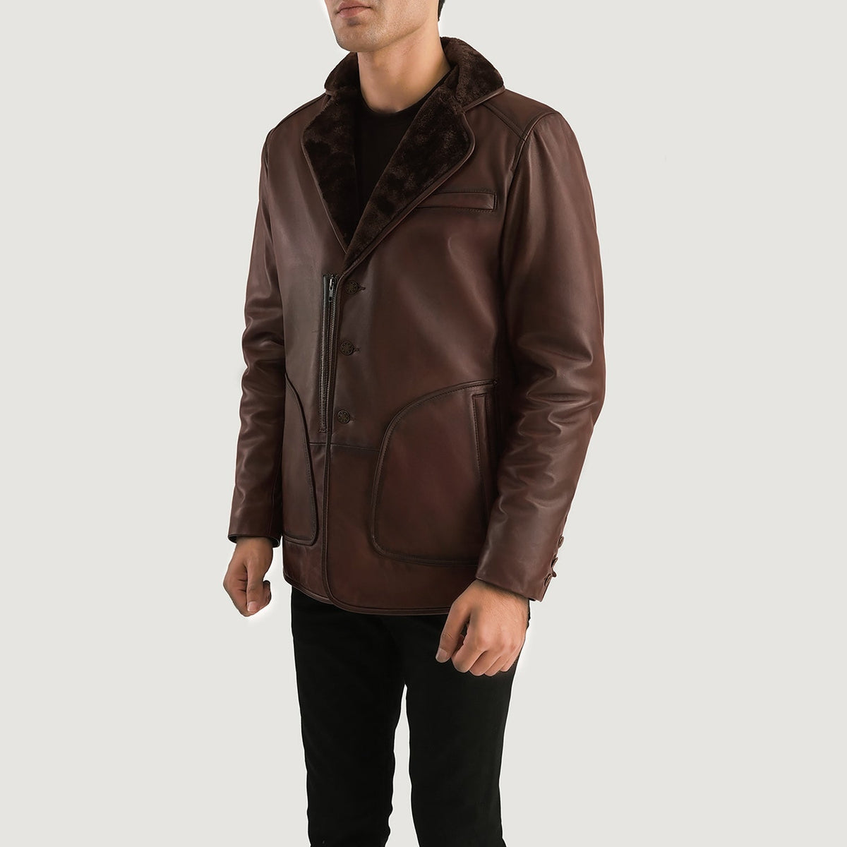 Distressed Brown Sheepskin Burnishing Aviator Jacket - Vue de dos avec coupe ajustée aux épaules &amp; ourlet soigné