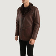 Distressed Brown Sheepskin Burnishing Aviator Jacket - Vue de dos avec coupe ajustée aux épaules &amp; ourlet soigné