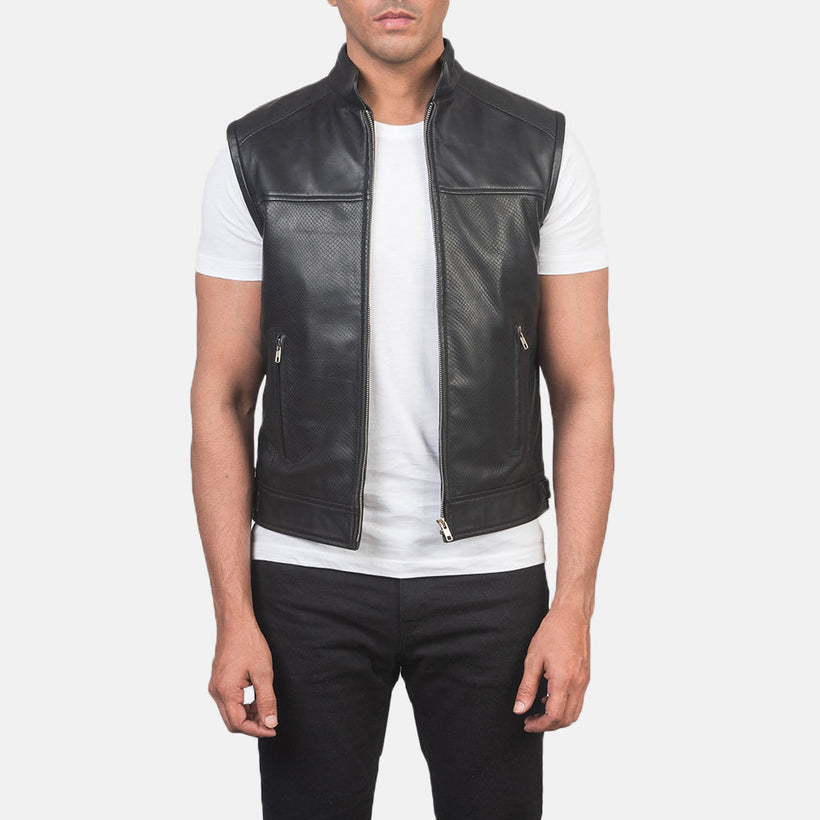 Roland Noir Leather Biker Vest pour Homme