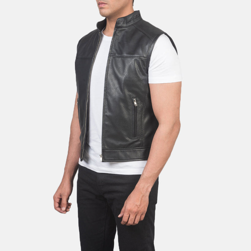 Roland Noir Leather Biker Vest pour Homme