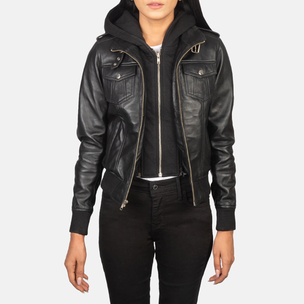Roslyn Hooded Blouson Bomber en Cuir pour Femme – Vue produit alternative 1