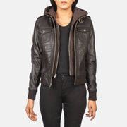 Women's Roslyn Brown Hooded Leather Bomber Jacket in Brown Sheepskin Leather - Vue de face &amp; silhouette ajustée | Acheter en ligne