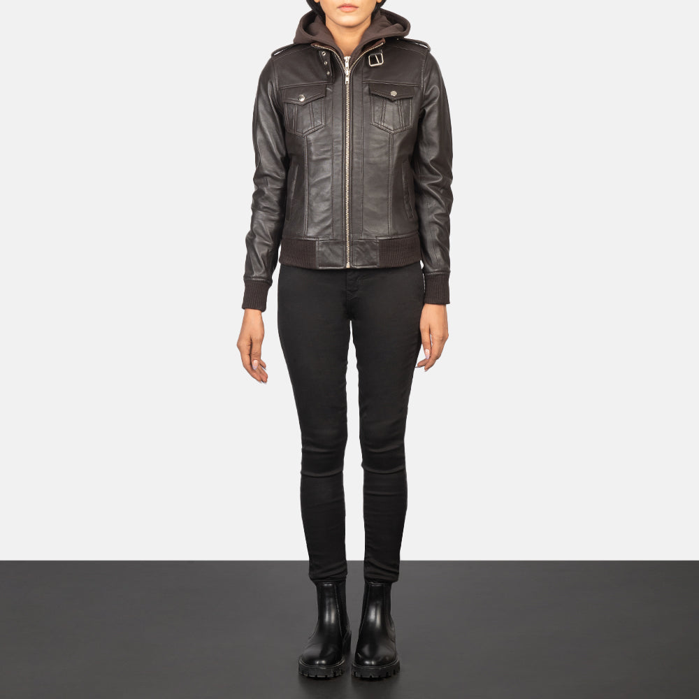 Women's Roslyn Brown Hooded Leather Bomber Jacket - Vue de profil avec coupe de manche ergonomique