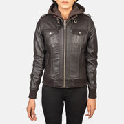 Vue détaillée of High Neck with Belt &amp; Zipper Hardware on Women's Roslyn Brown Hooded Leather Bomber Jacket