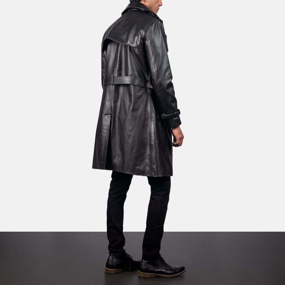 Men's Royson Noir Leather Duster Manteau en Cuir pour Homme - Vue de profil avec coupe de manche ergonomique