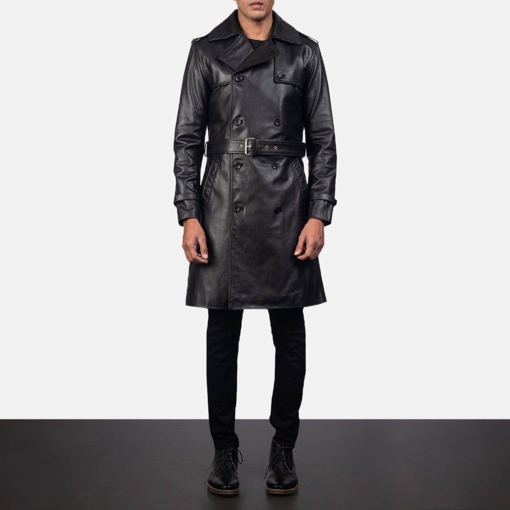 Vue détaillée of Shirt &amp; Heavy-Duty Zipper Hardware on Men's Royson Noir Leather Duster Manteau en Cuir pour Homme