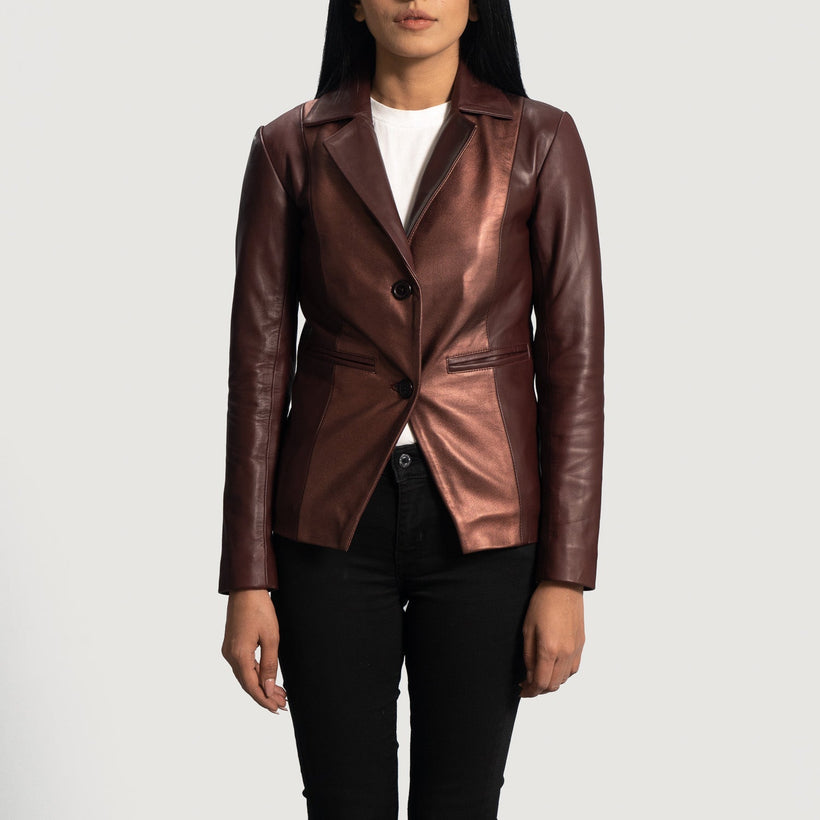 Ruby Metallic Bordeaux Blazer en Cuir en Cuir pour Femme
