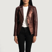 Women's Ruby Metallic Bordeaux Blazer en Cuir en Cuir pour Femme - Vue de profil avec coupe de manche ergonomique