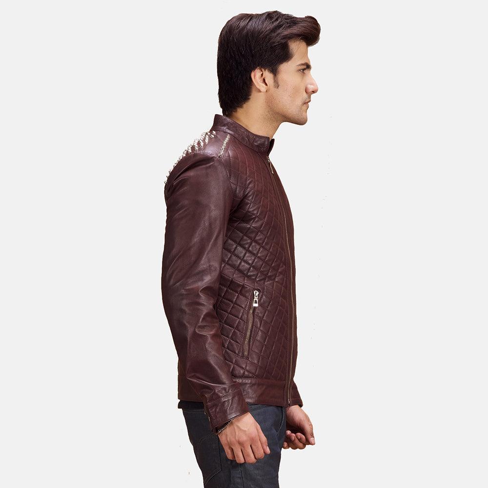 
Maroon Sheepskin Leather Biker Jacket - Vue arrière montrant la carrure ajustée et l'ourlet net