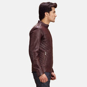 
Maroon Sheepskin Leather Biker Jacket - Vue arrière montrant la carrure ajustée et l'ourlet net