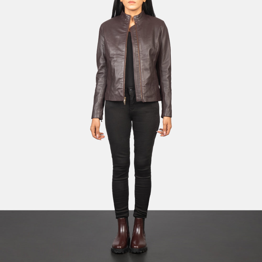 Women's Rumella Maroon Leather Biker Jacket - Vue de profil avec coupe de manche ergonomique