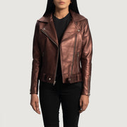 Women's Rumy Maroon Leather Biker Jacket - Vue de profil avec coupe de manche ergonomique
