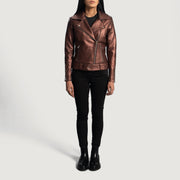 Vue détaillée of Notch &amp; Zipper Hardware on Women's Rumy Maroon Leather Biker Jacket